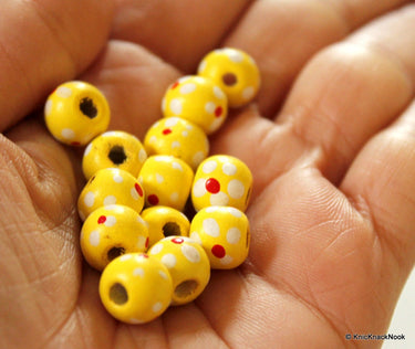 20 x Yellow Wood Beads with Handpainted Flowers 10mmx9mm